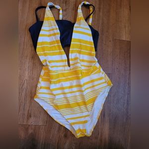 Aerie tellow, white stripe and navy one piece bathing suit - Size Large